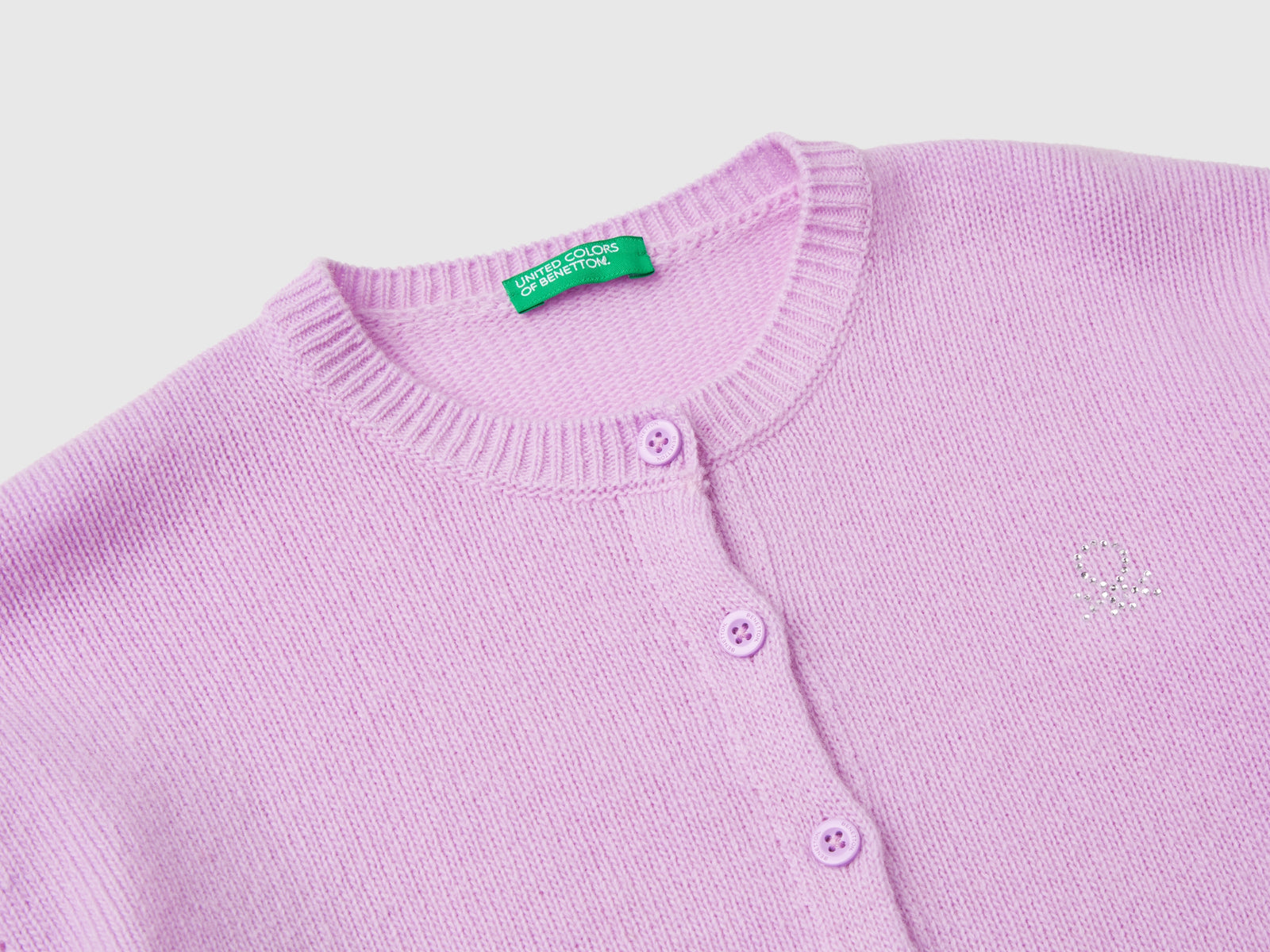 Cardigan girocollo con logo in strass da bambina lilla 3 | Benetton Outlet