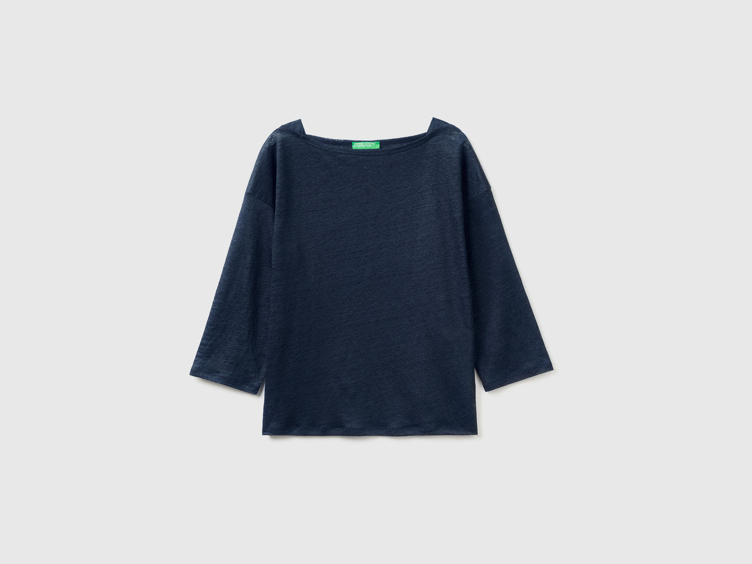 T-shirt in 100% lino con manica 3/4 da donna blu scuro | Benetton Outlet
