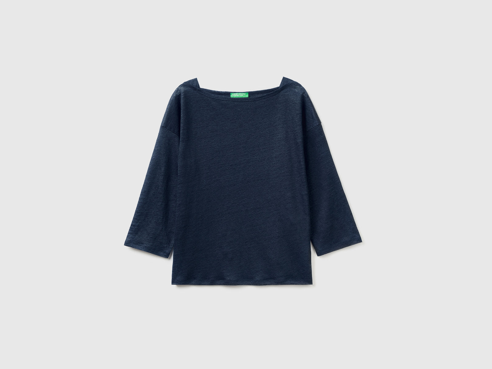 T-shirt in 100% lino con manica 3/4 da donna blu scuro | Benetton Outlet