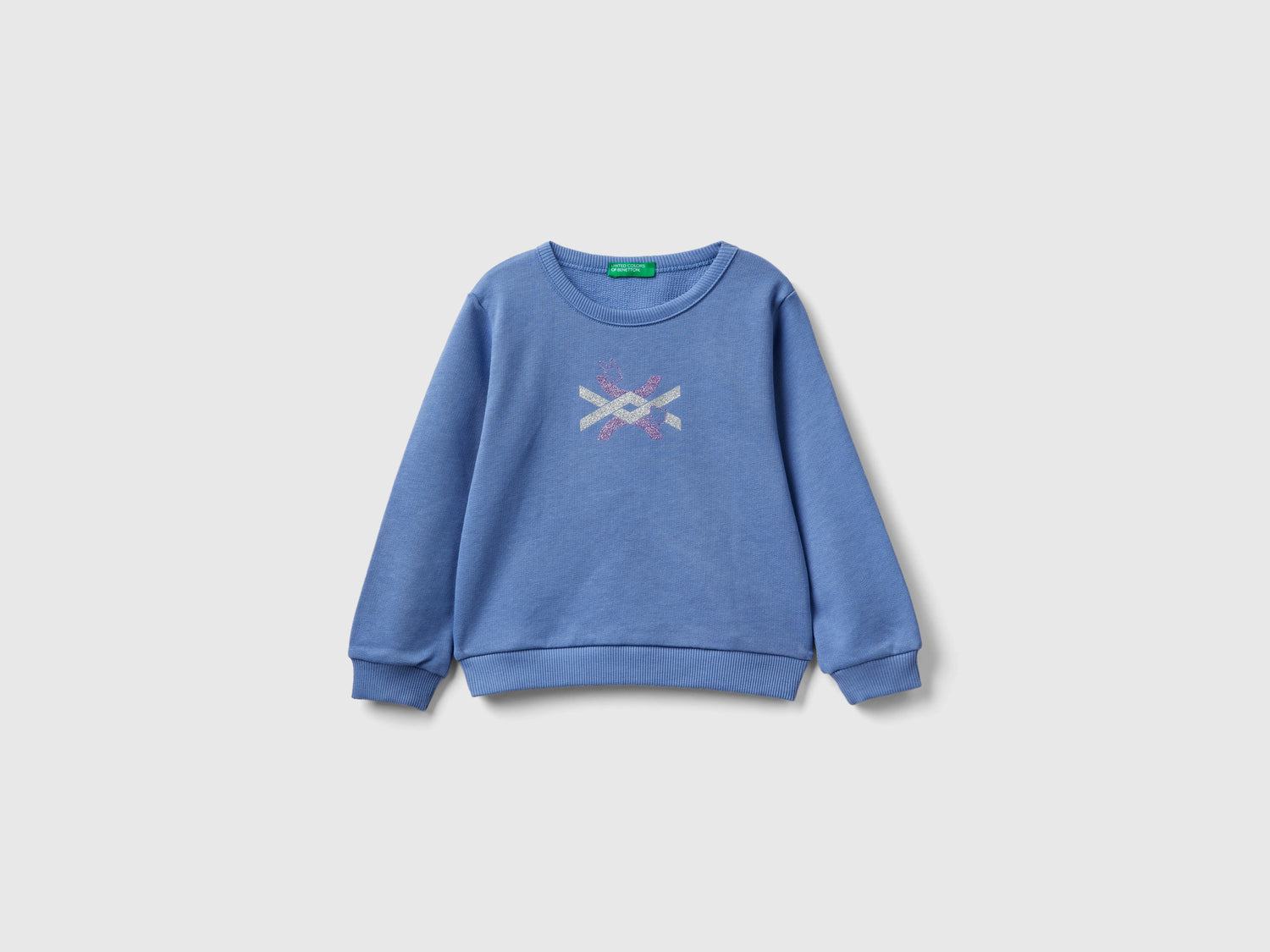 Felpa celeste in cotone bio con stampa glitter da bimba azzurro | Benetton Outlet