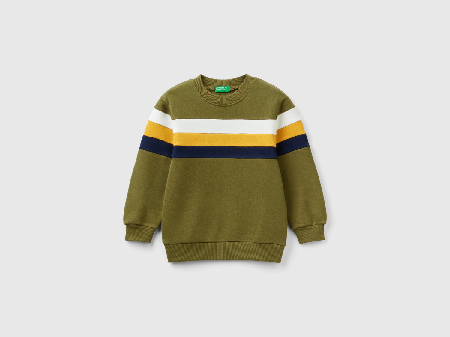 Felpa chiusa con banda a righe da bimbo verde militare | Benetton Outlet