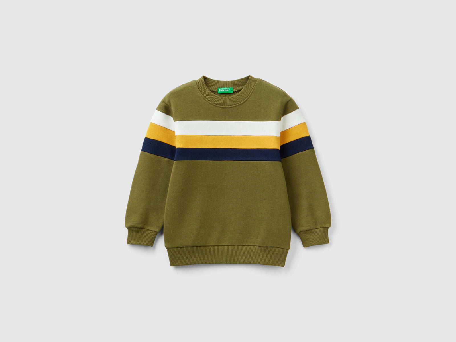 Felpa chiusa con banda a righe da bimbo verde militare | Benetton Outlet