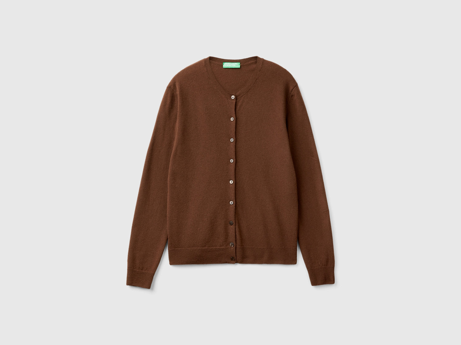 Cardigan girocollo in pura lana Merino da donna marrone scuro | Benetton Outlet