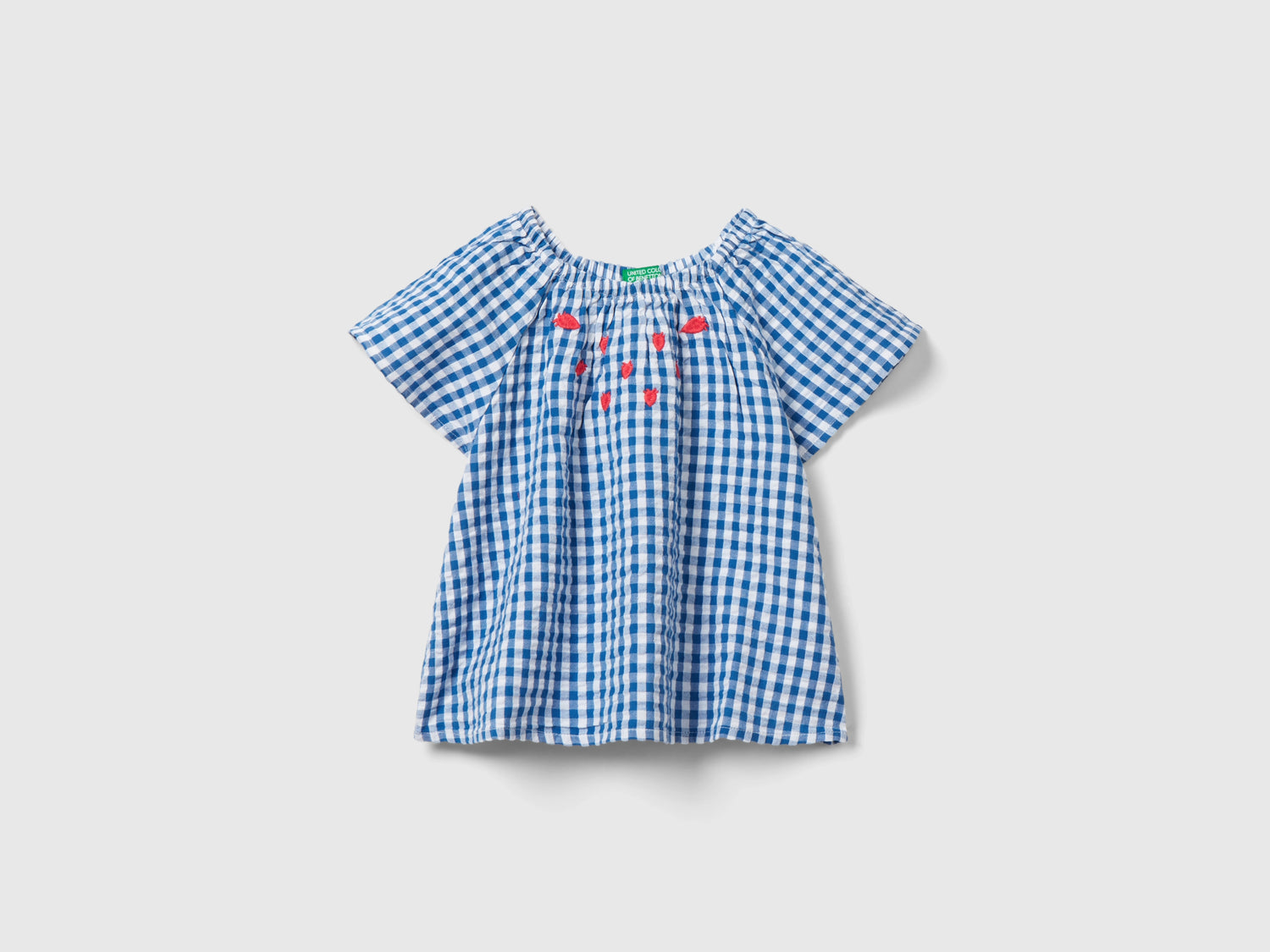 Camicia vichy con ricami da bimba blu | Benetton Outlet