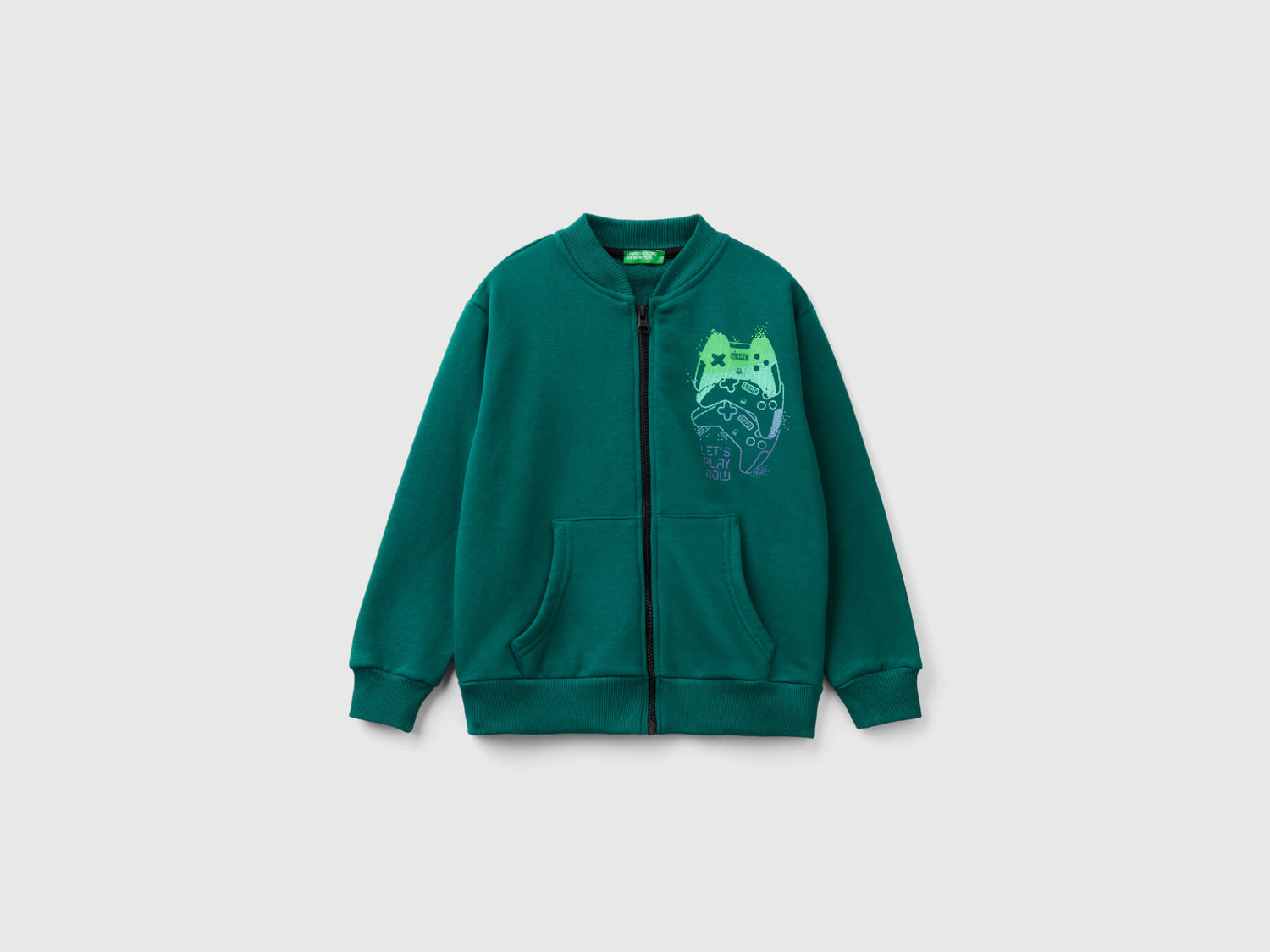 Felpa con zip e stampa slogan da bambino verde scuro | Benetton Outlet