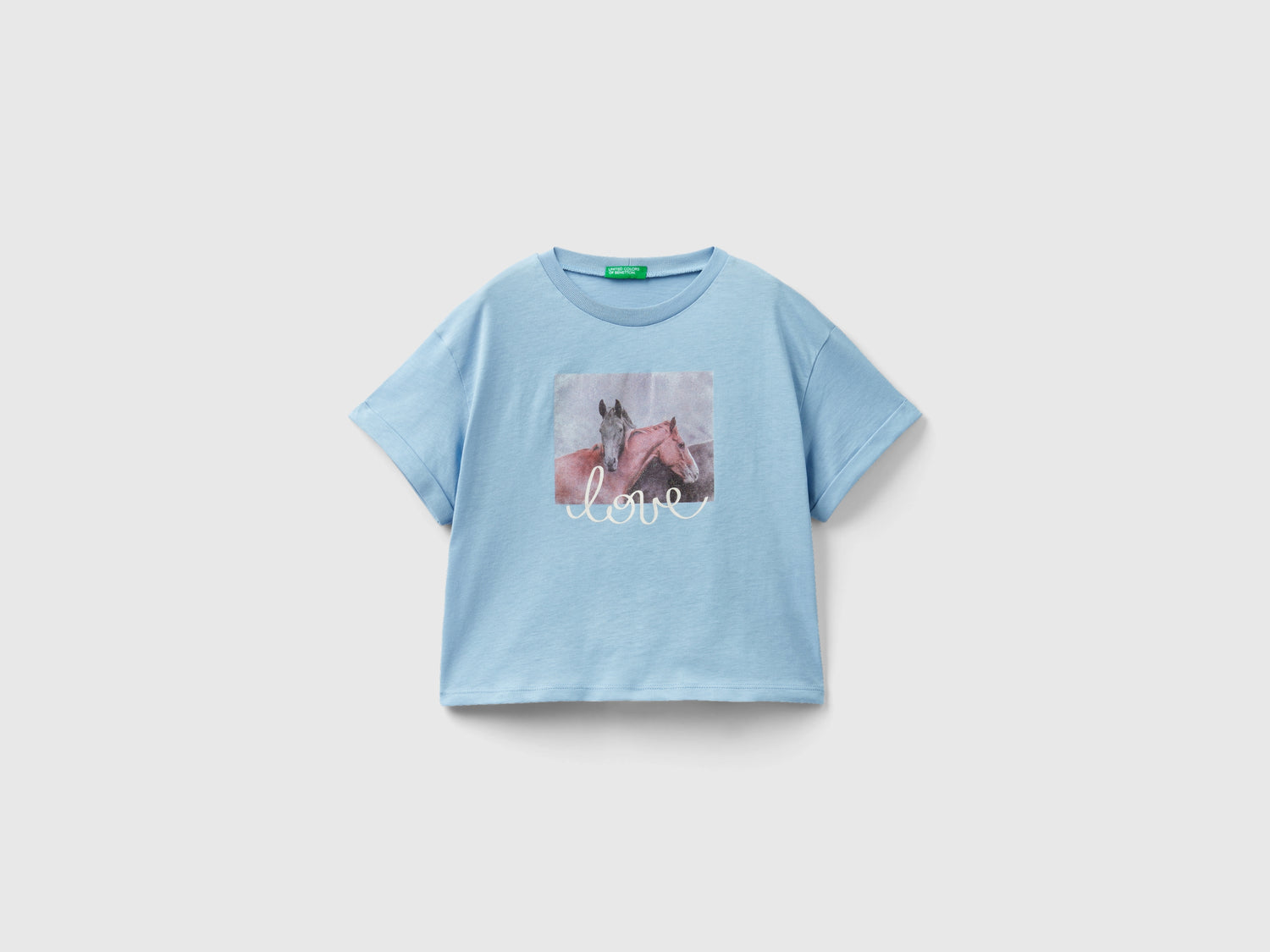 T-shirt con stampa fotografica cavalli da bambina celeste | Benetton Outlet