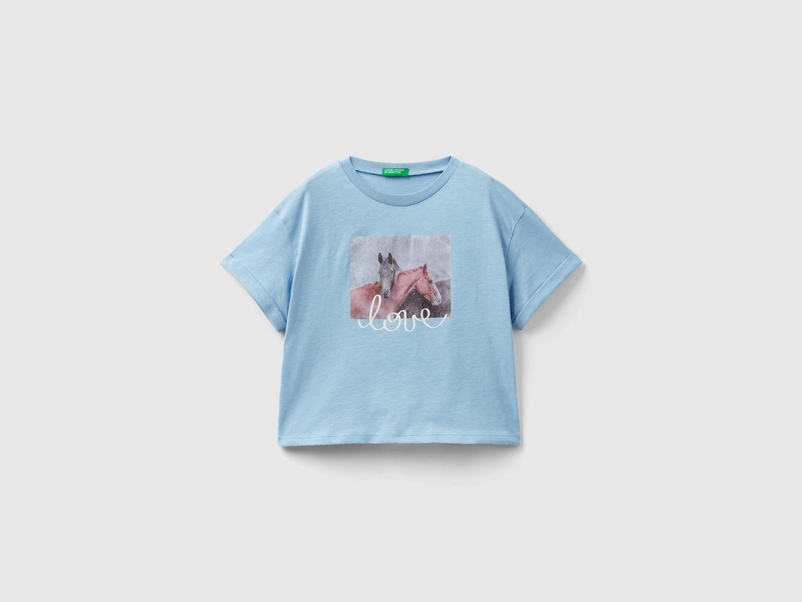 T-shirt con stampa fotografica cavalli da bambina celeste | Benetton Outlet