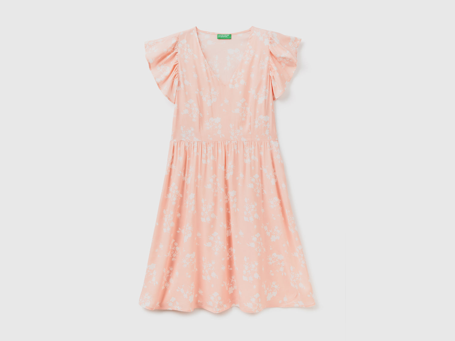 Vestito corto con scollo a V in tessuto fluido e leggero di pura viscosa da donna rosa tenue | Benetton Outlet