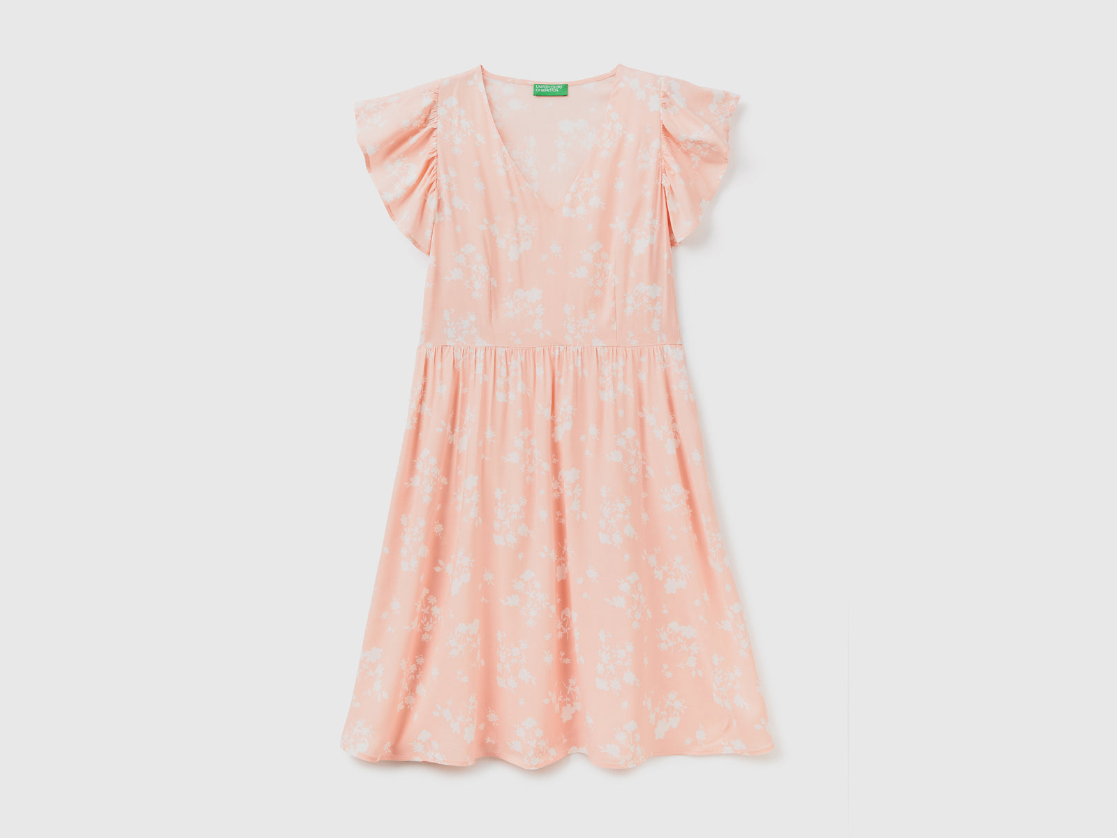 Vestito corto con scollo a V in tessuto fluido e leggero di pura viscosa da donna rosa tenue | Benetton Outlet