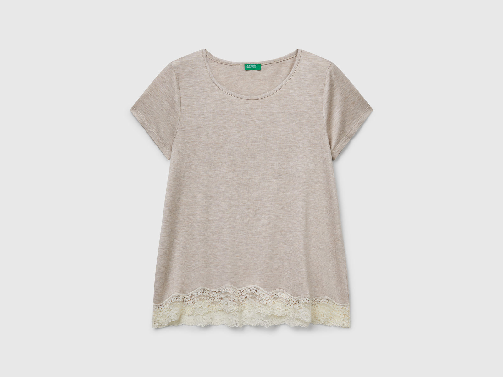 Maglia manica corta con pizzo da donna beige | Benetton Outlet