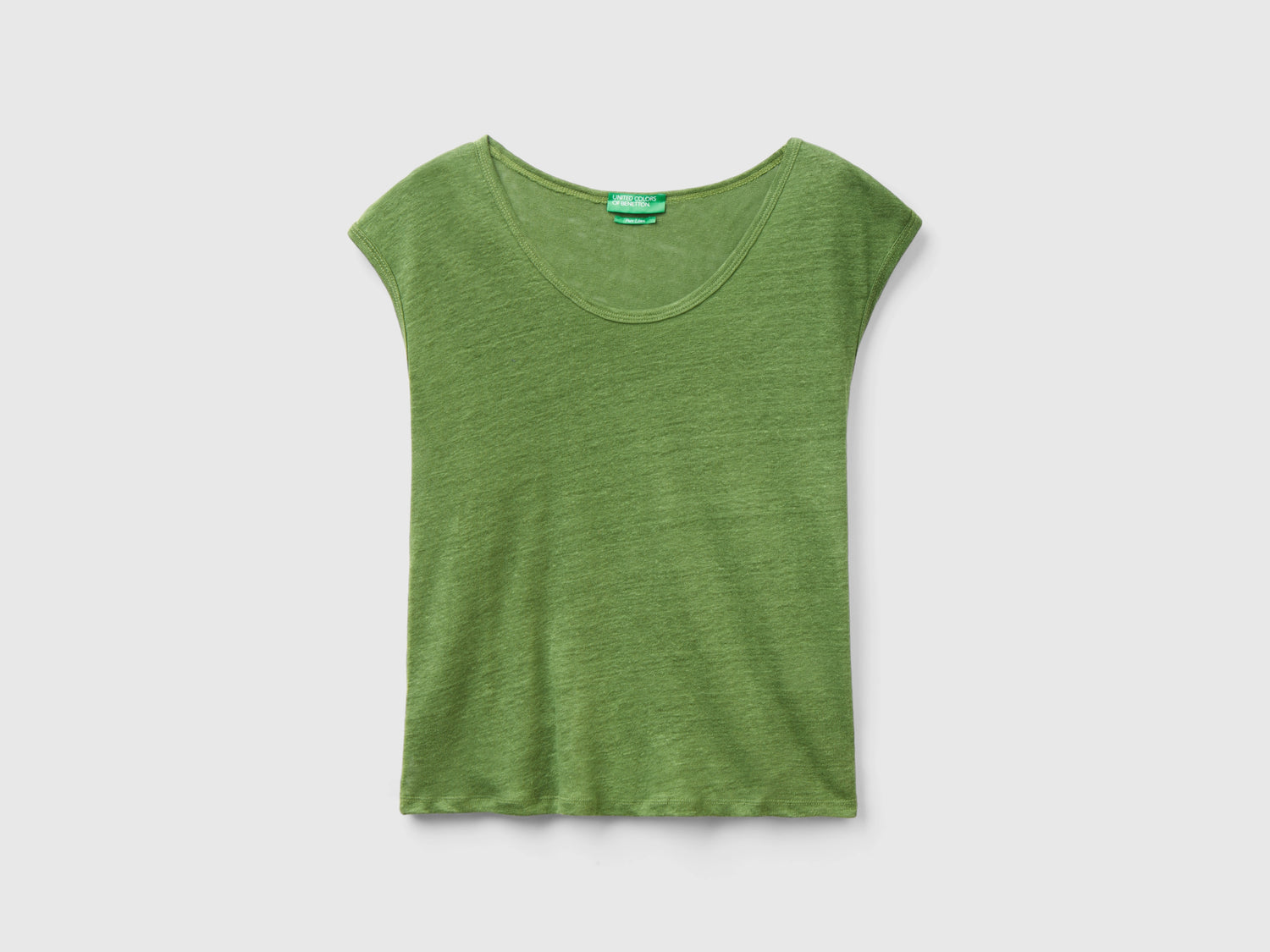 Maglietta scollo ampio in puro lino da donna verde militare | Benetton Outlet