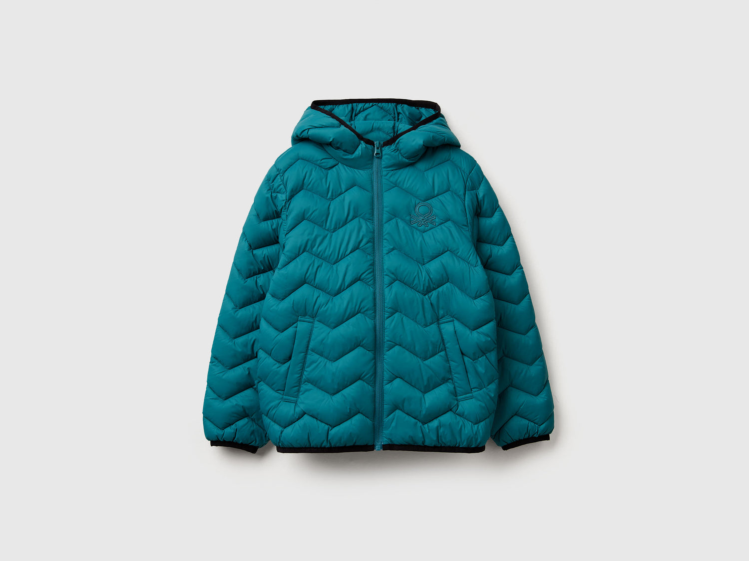 Giubbotto imbottito con cappuccio da bambino verde ottanio | Benetton Outlet