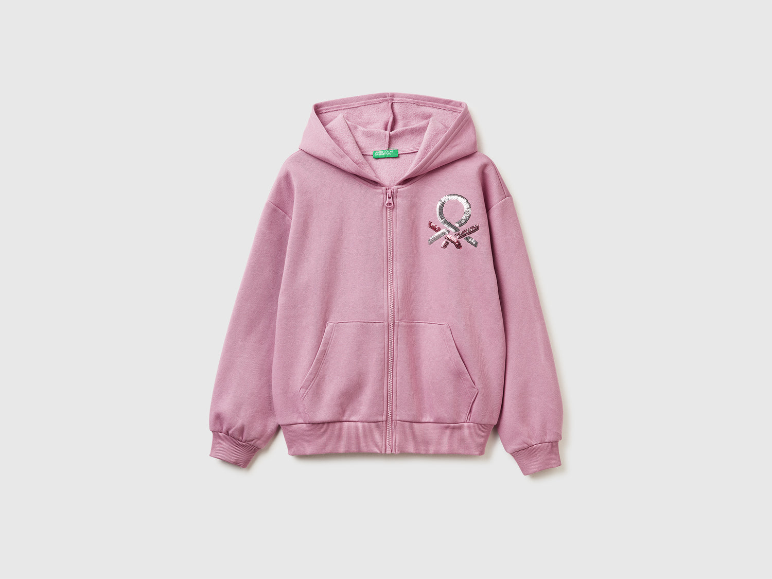 Felpa con zip e paillettes da bambina rosa | Benetton Outlet