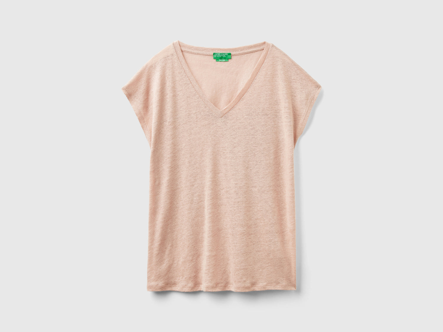 T-shirt scollo a V in puro lino da donna rosa tenue | Benetton Outlet