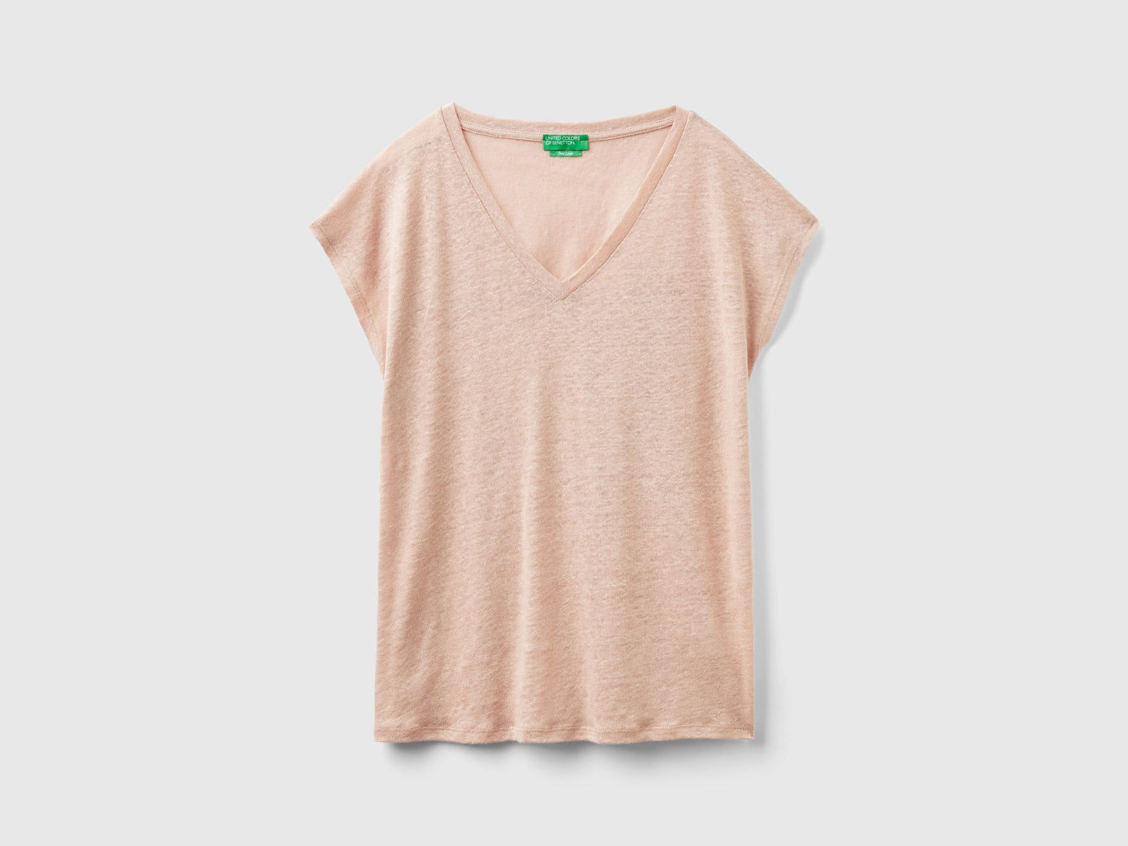 T-shirt scollo a V in puro lino da donna rosa tenue | Benetton Outlet