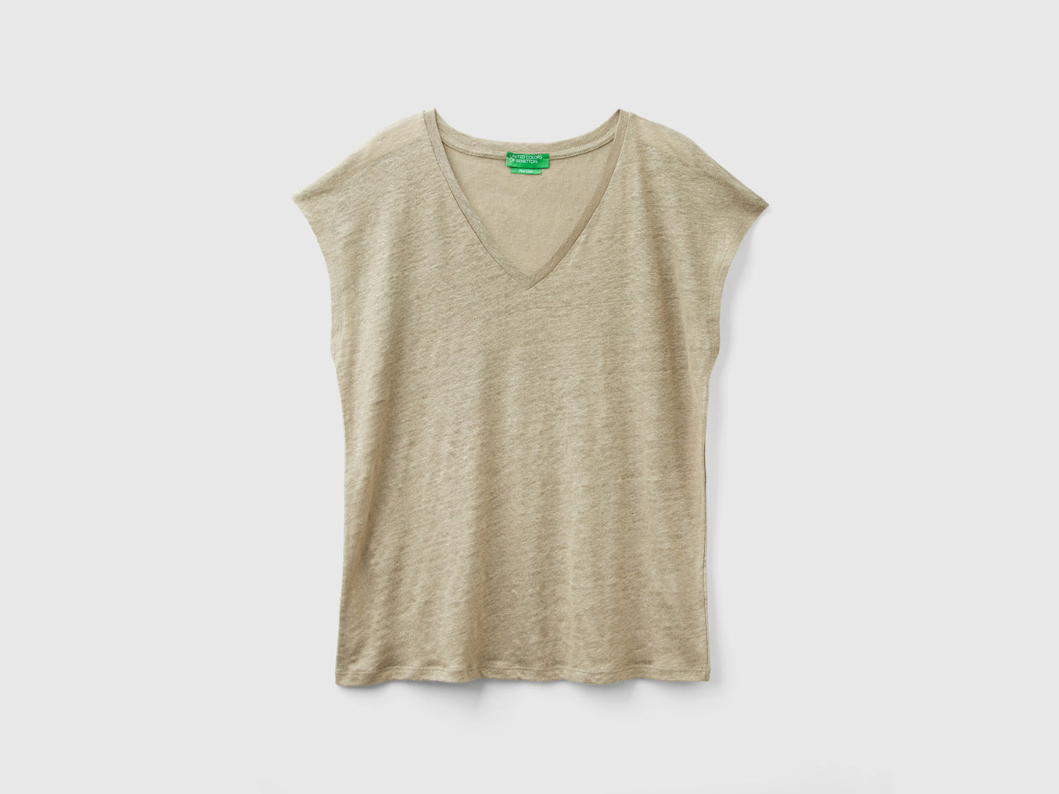 T-shirt scollo a V in puro lino da donna verde chiaro | Benetton Outlet