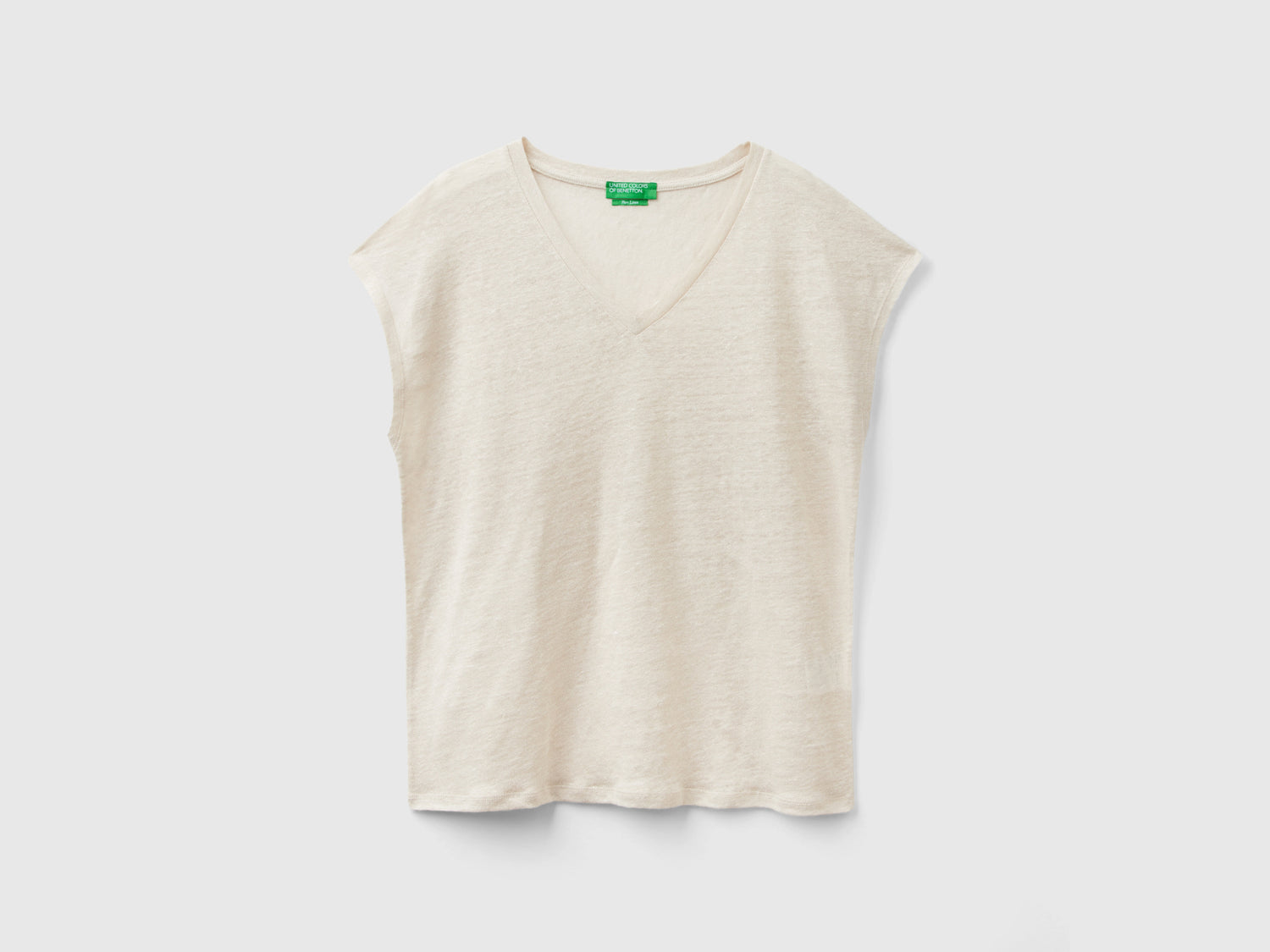T-shirt scollo a V in puro lino da donna beige | Benetton Outlet
