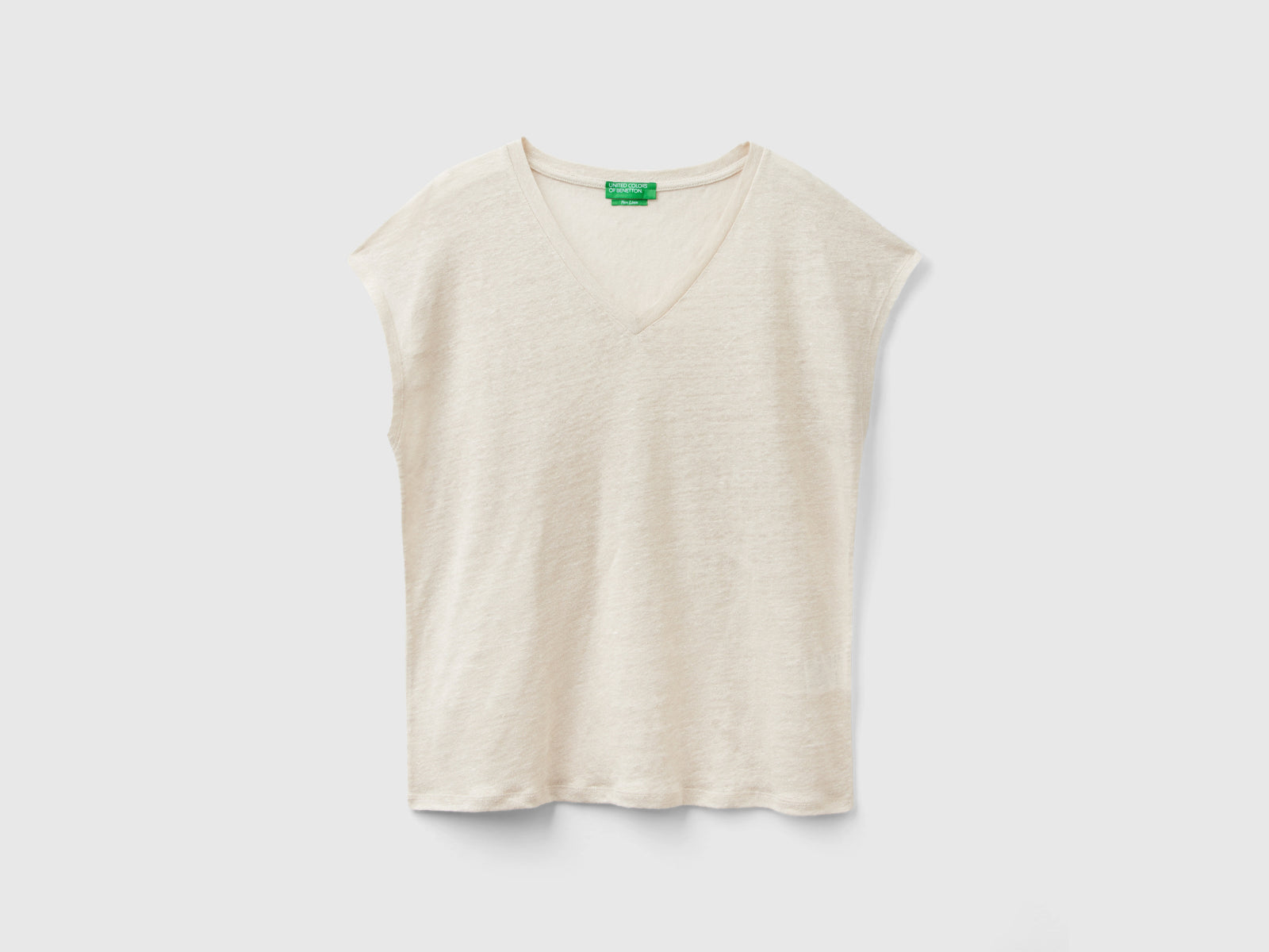 T-shirt scollo a V in puro lino da donna beige | Benetton Outlet