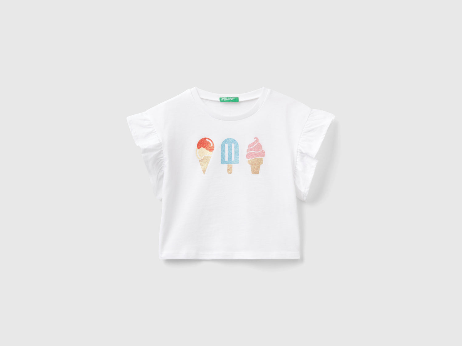 T-shirt con stampa gelati e glitter da bimba bianco | Benetton Outlet