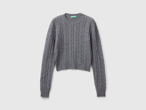 Cropped sweater with cable knit and openwork details