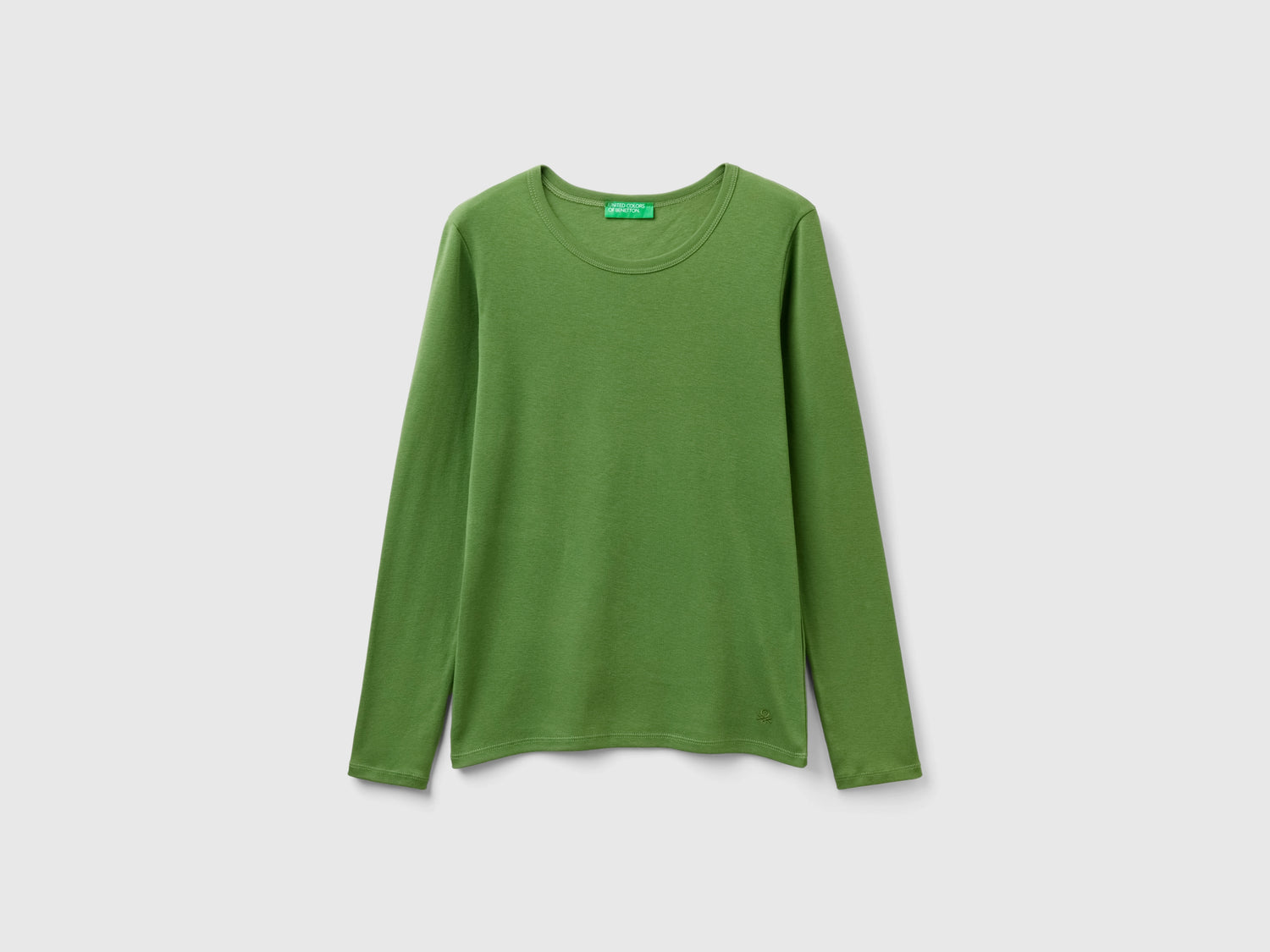 T-shirt a manica lunga in puro cotone da donna verde militare | Benetton Outlet