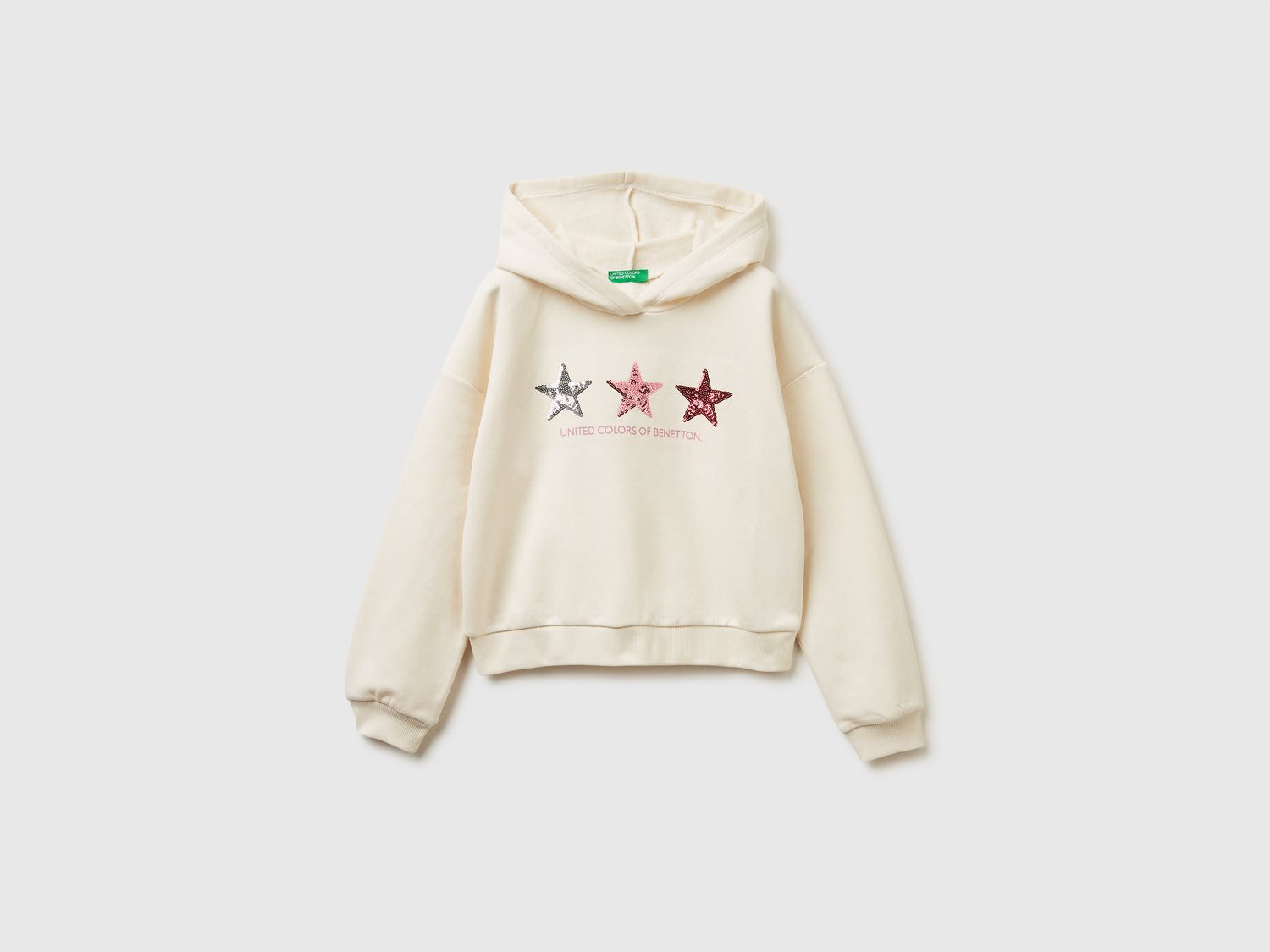 Felpa con cappuccio e paillettes da bambina bianco panna | Benetton Outlet