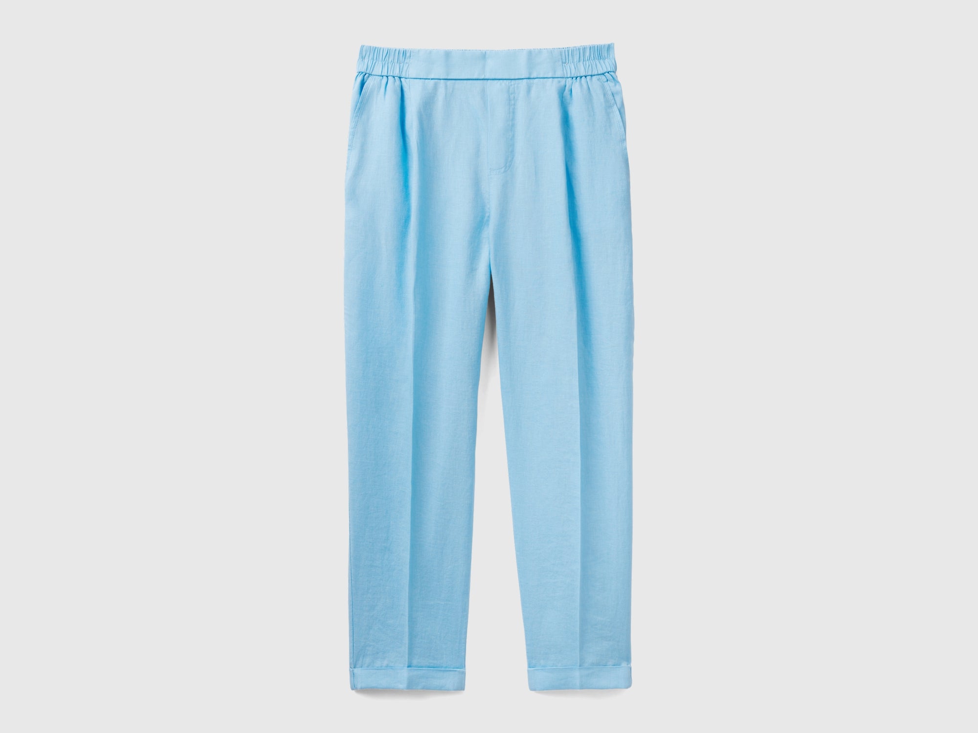 Pantaloni in puro lino con elastico da donna celeste Benetton Outlet