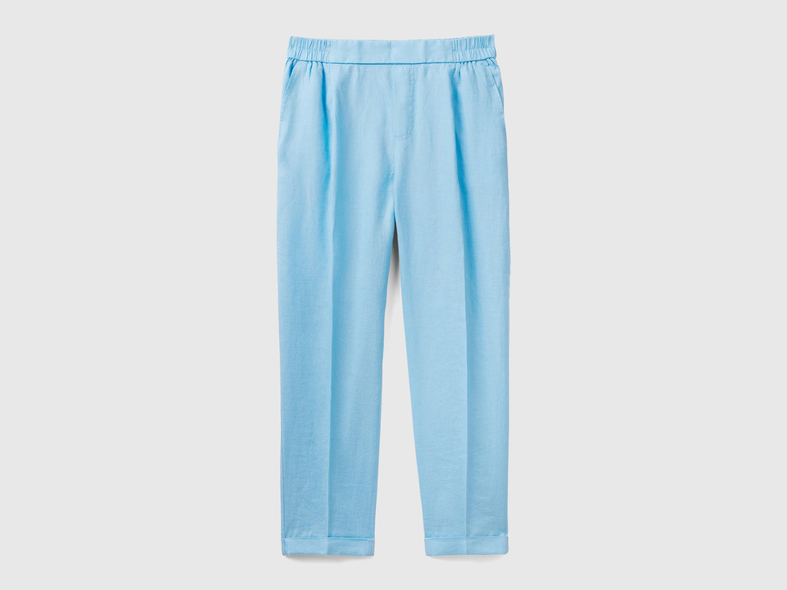 Pantaloni in puro lino con elastico da donna celeste | Benetton Outlet