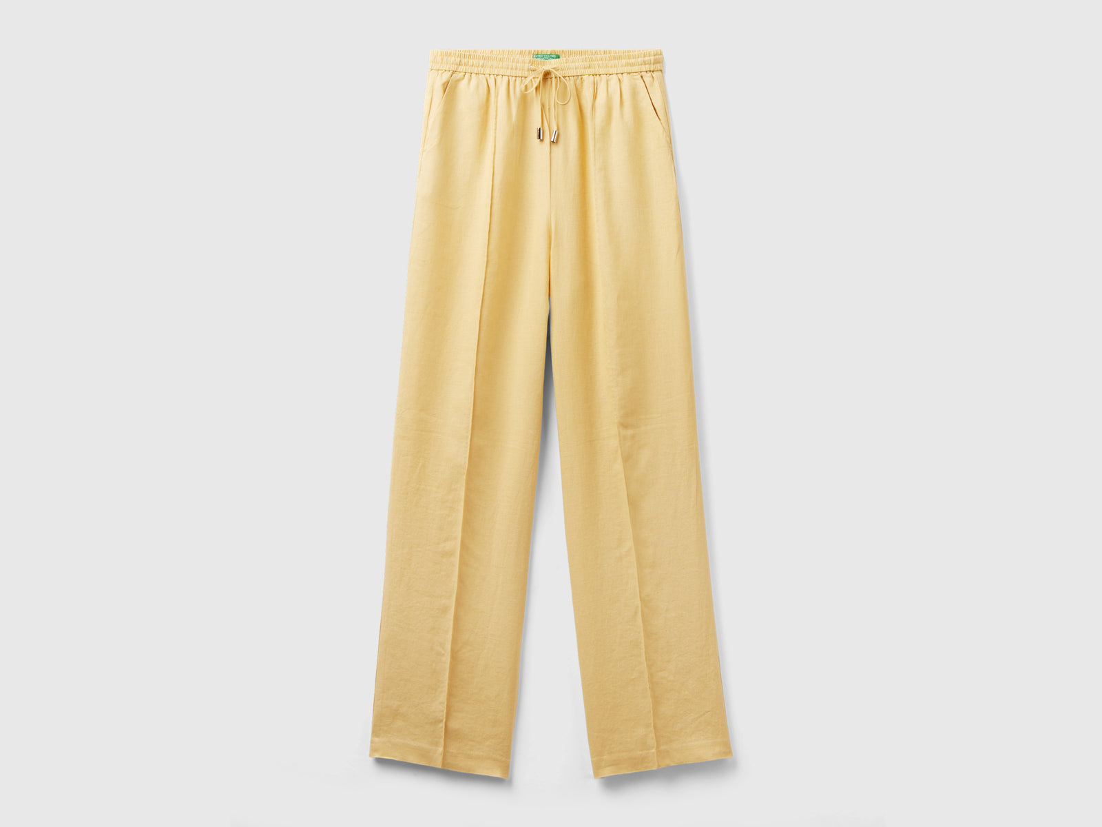 Pantaloni in puro lino con elastico da donna giallo Benetton Outlet