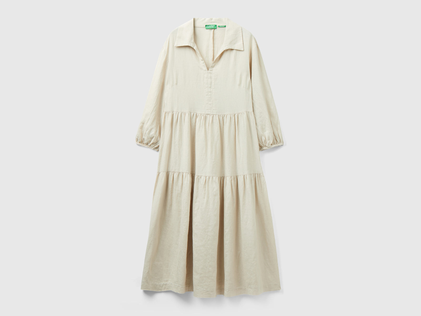Abito con balze in puro lino da donna beige | Benetton Outlet