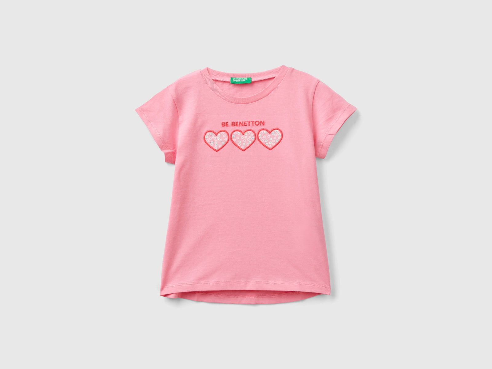 Maglietta con ricamo logo in cotone bio da bimba rosa | Benetton Outlet