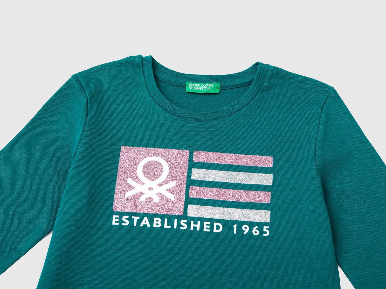 T-shirt manica lunga con stampa glitter da bambina verde scuro 3 | Benetton Outlet