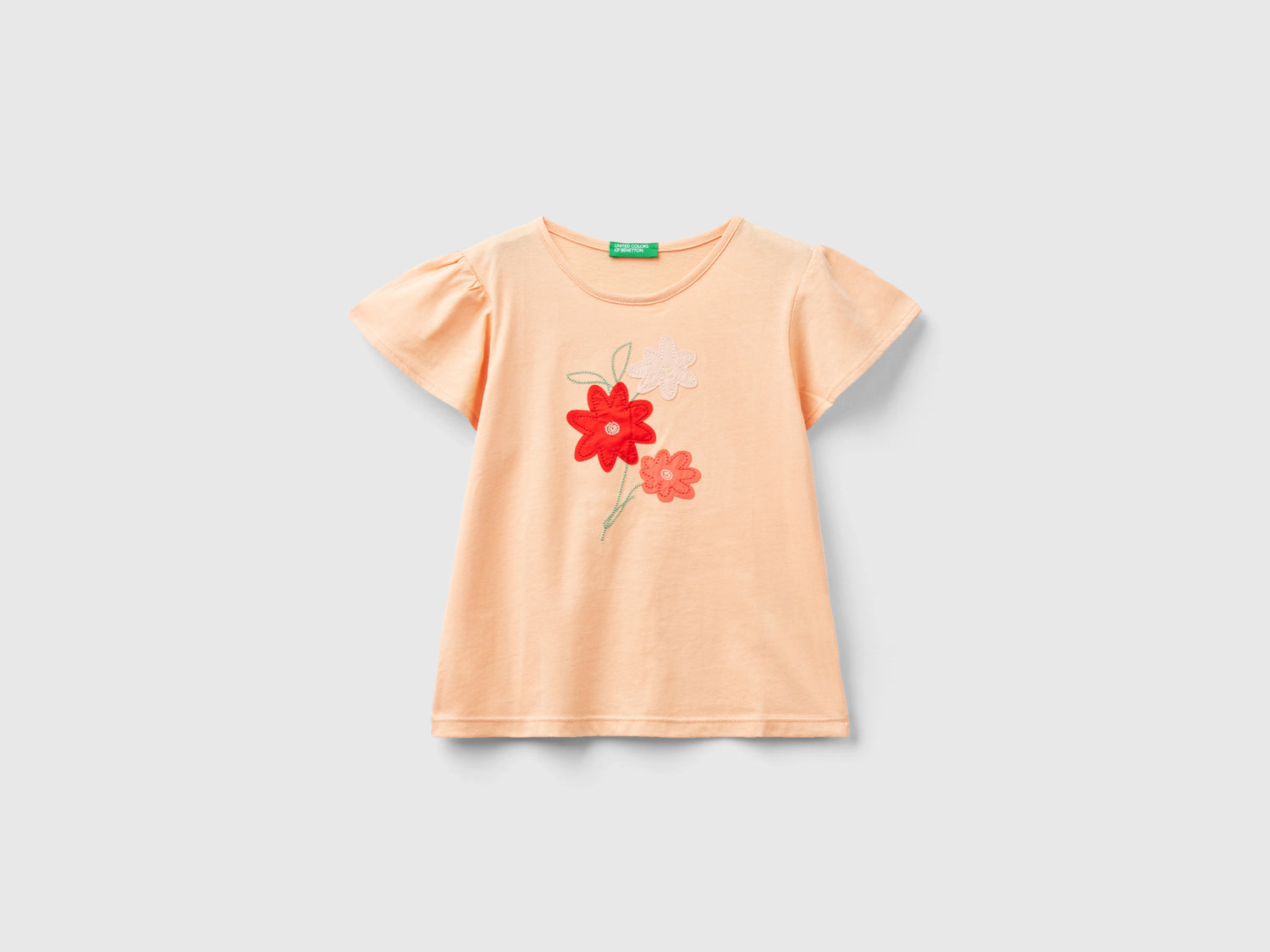 Maglietta con ricamo floreale da bimba pesca | Benetton Outlet