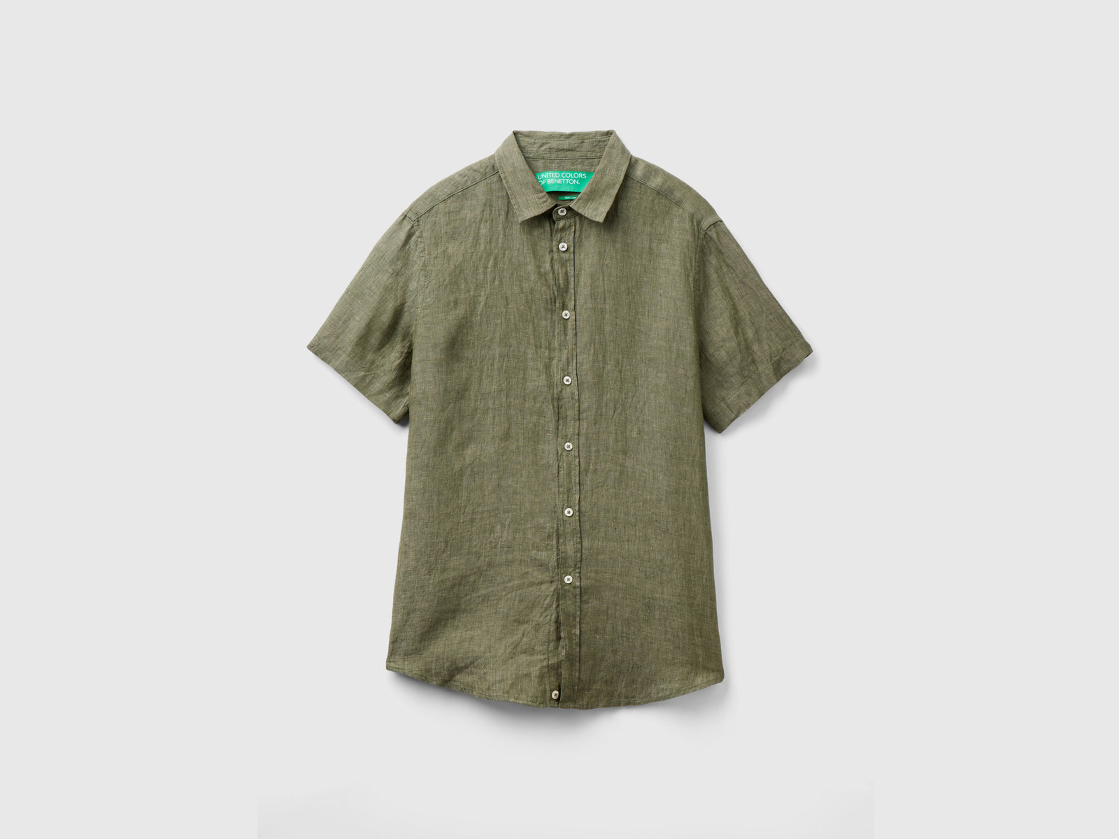 Camicia a manica corta 100% lino da uomo verde militare | Benetton Outlet