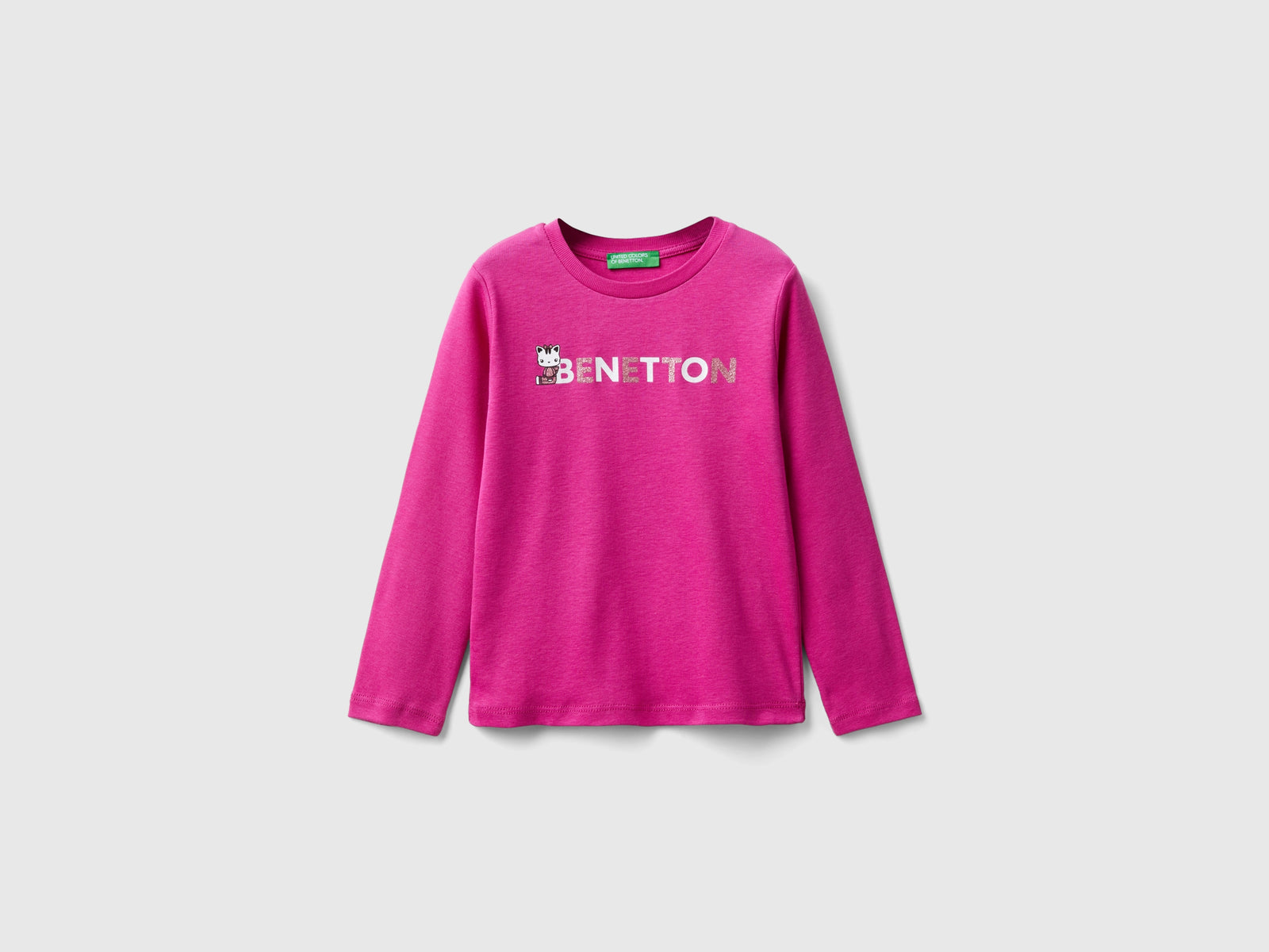 T-shirt con stampa glitter in cotone bio da bimba fucsia | Benetton Outlet
