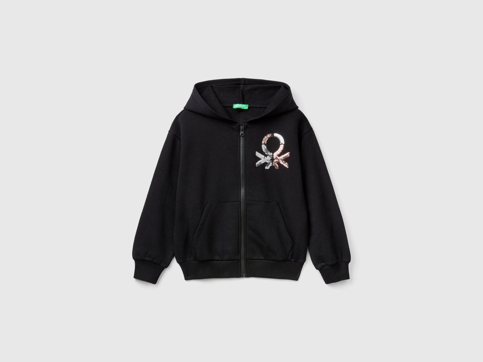 Felpa con zip e paillettes da bambina nero | Benetton Outlet