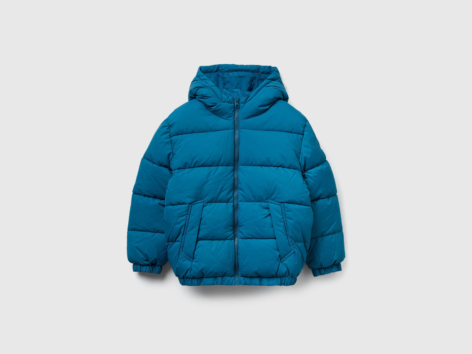 Giubbotto imbottito con cappuccio da bambino verde ottanio | Benetton Outlet