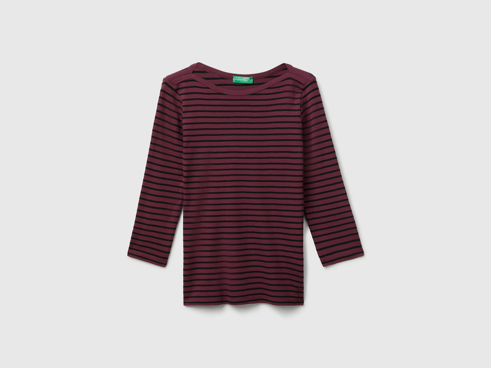 T-shirt manica 3/4 a righe in puro cotone da donna bordeaux | Benetton Outlet