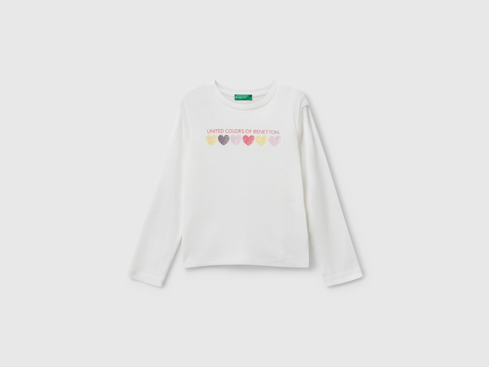 T-shirt con logo glitter in cotone da bimba bianco panna | Benetton Outlet