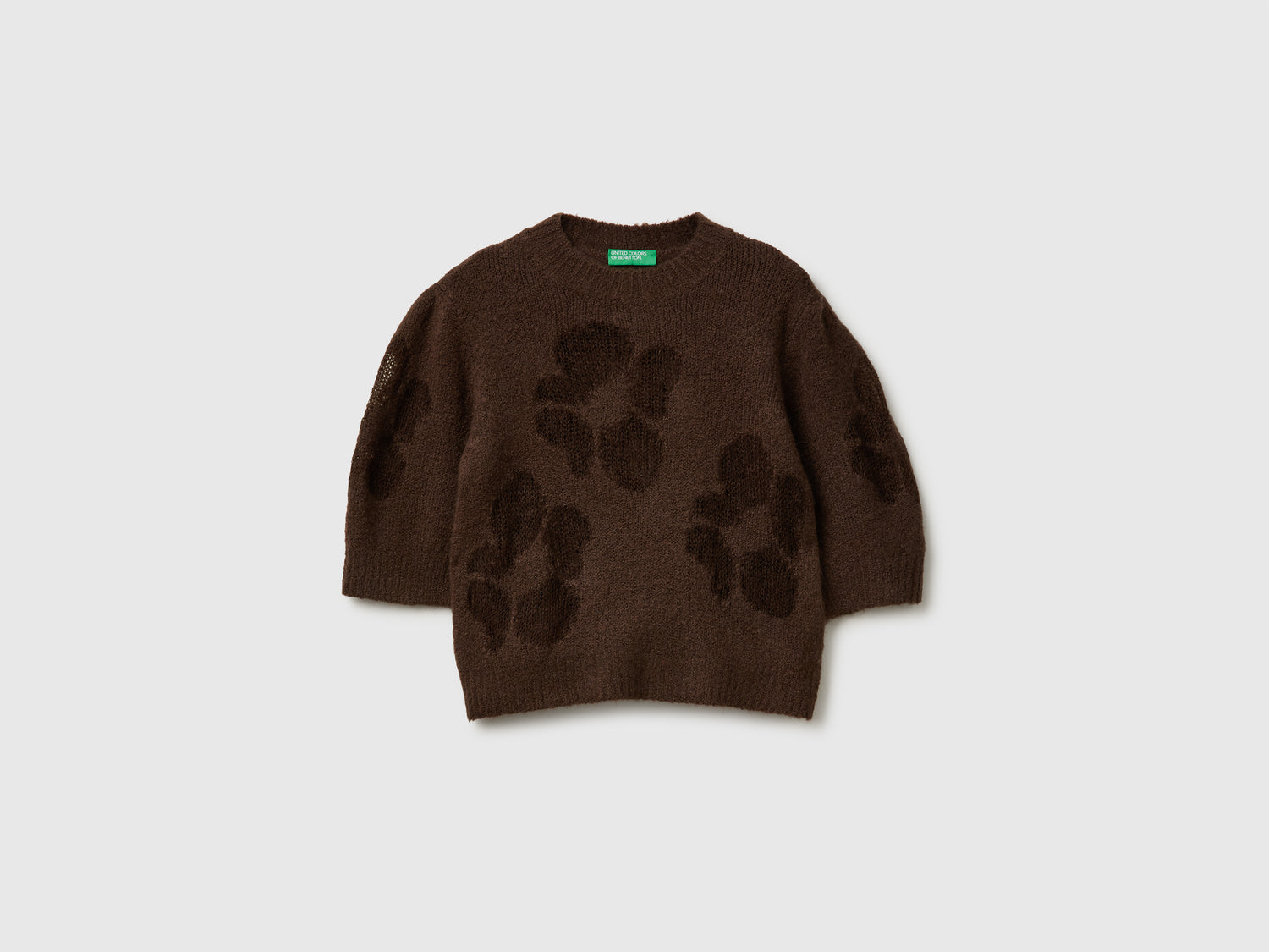Maglia manica corta con intarsio fiori da donna marrone | Benetton Outlet