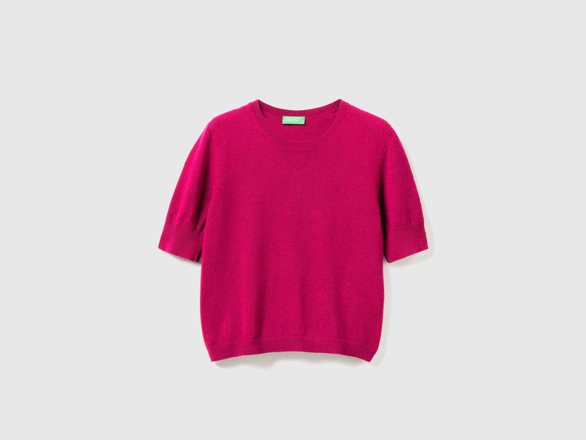 Maglia manica corta fucsia in pura lana Merino