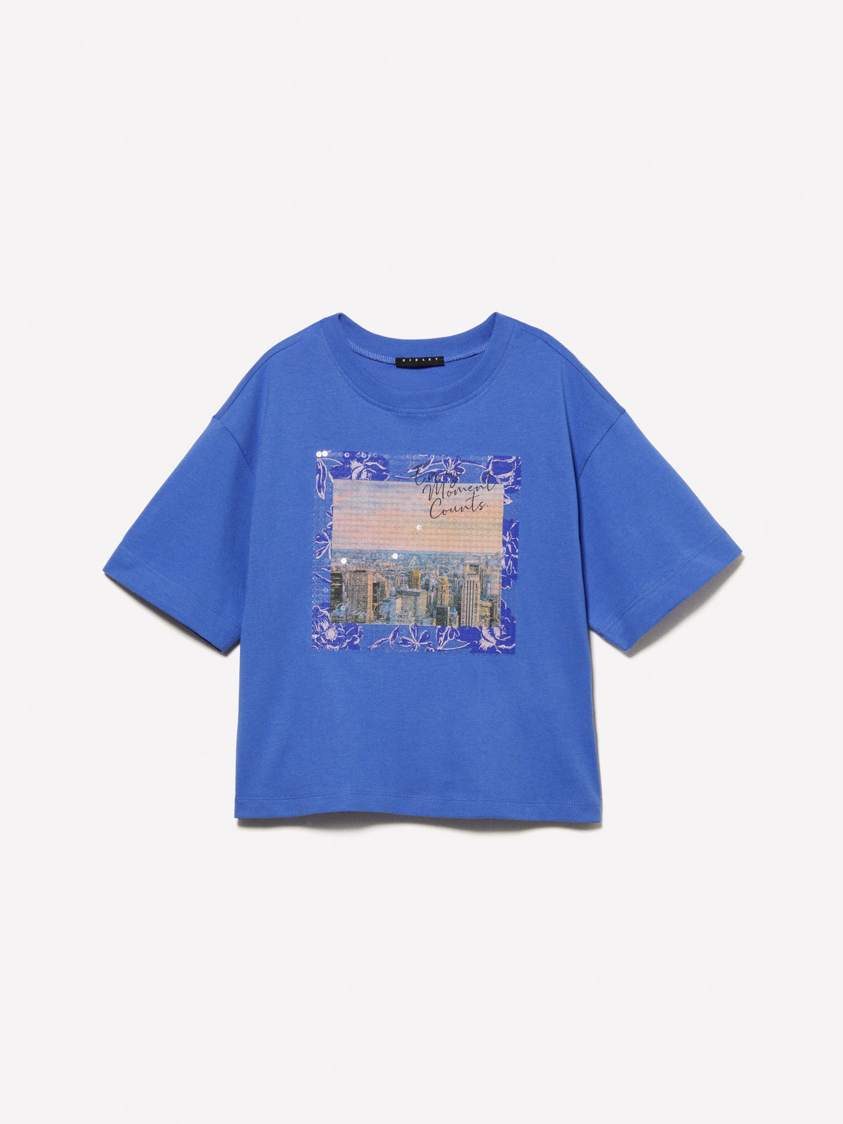 T-shirt lilla con stampa e paillettes