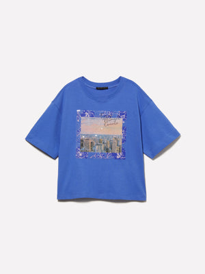 T-shirt lilla con stampa e paillettes