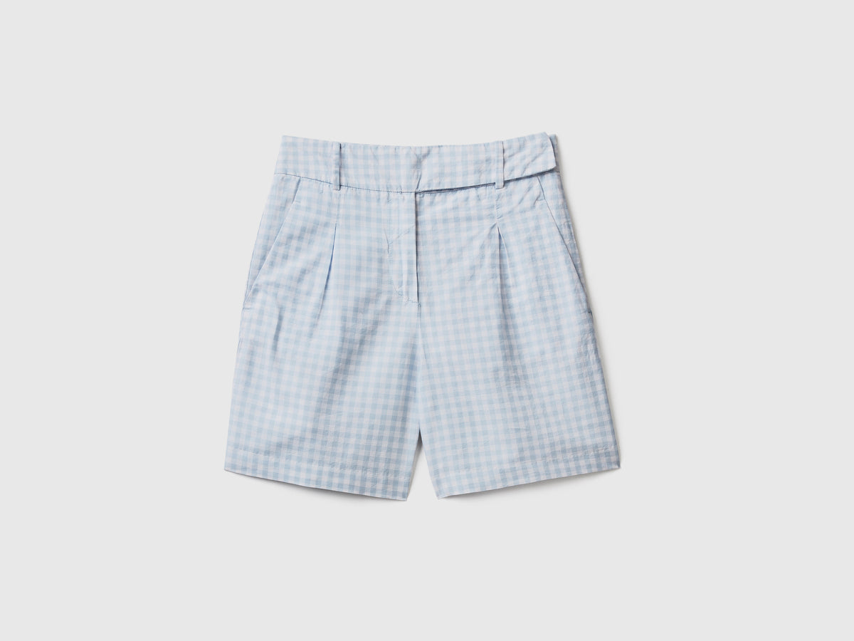 Pantaloni corti a vita alta in misto cotone e lino con fantasia a quadretti