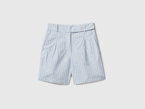 Pantaloni corti a vita alta in misto cotone e lino con fantasia a quadretti
