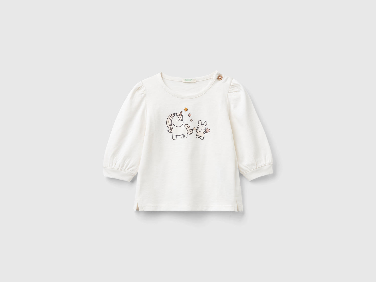 T-shirt manica lunga in cotone bio da neonato bianco panna | Benetton Outlet