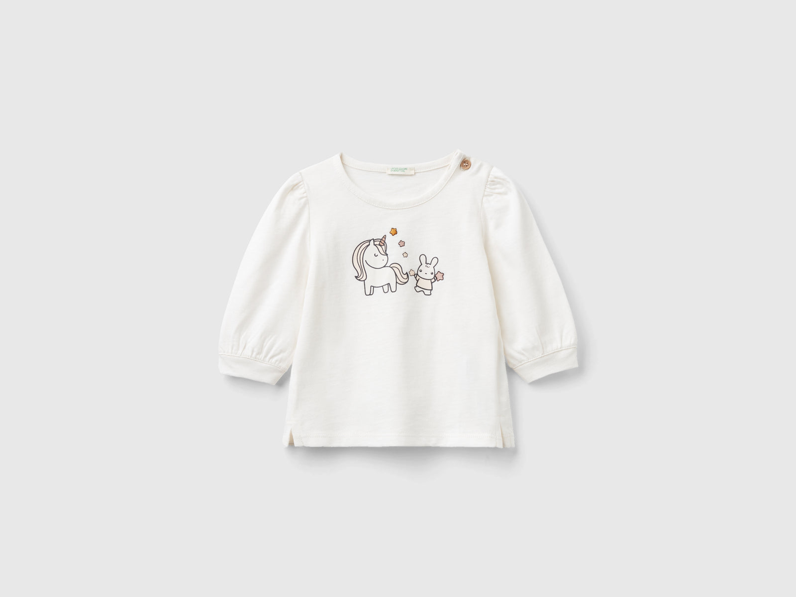 T-shirt manica lunga in cotone bio da neonato bianco panna | Benetton Outlet