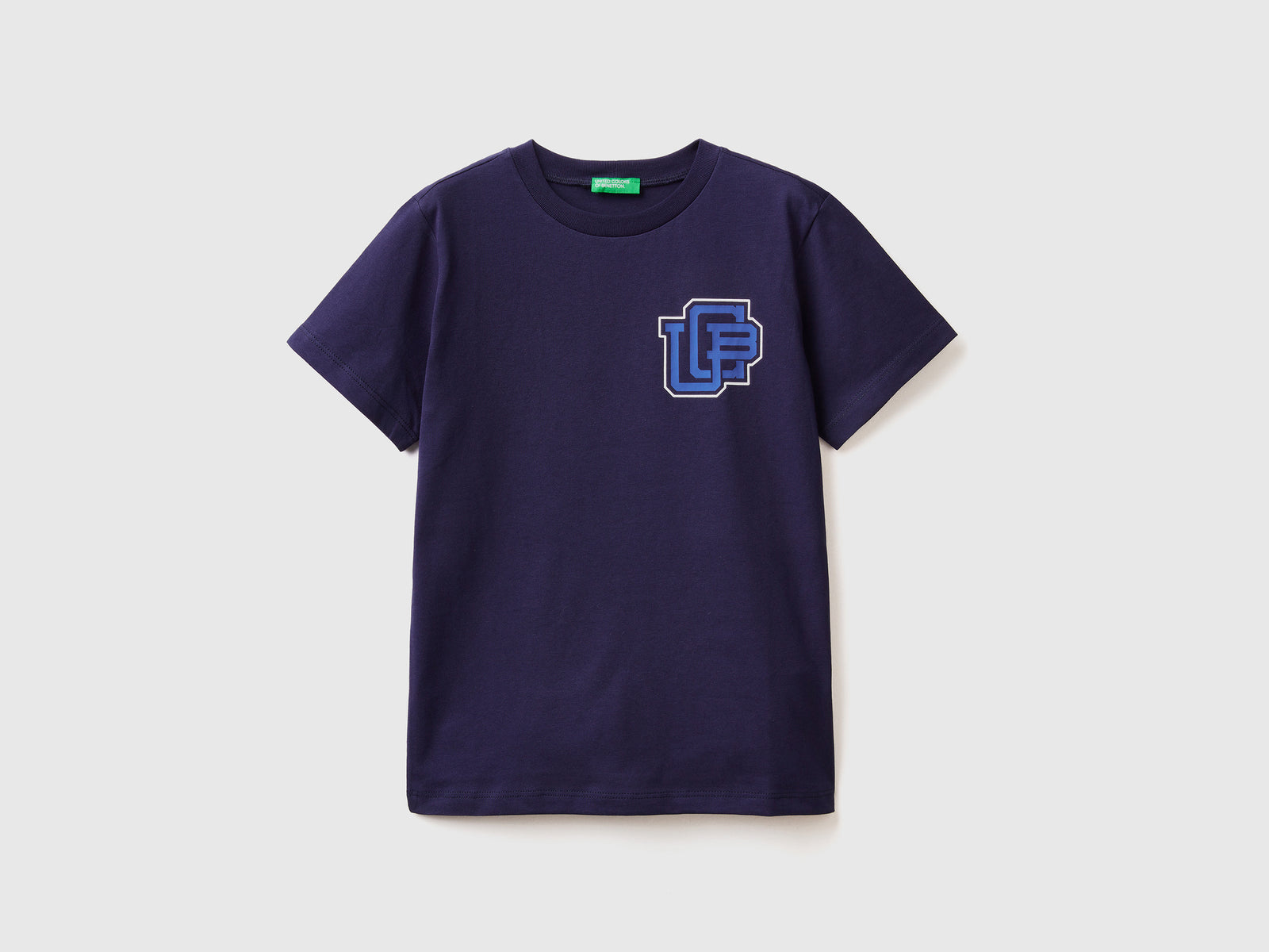 Maglietta girocollo a manica corta in puro cotone da bambino blu scuro | Benetton Outlet