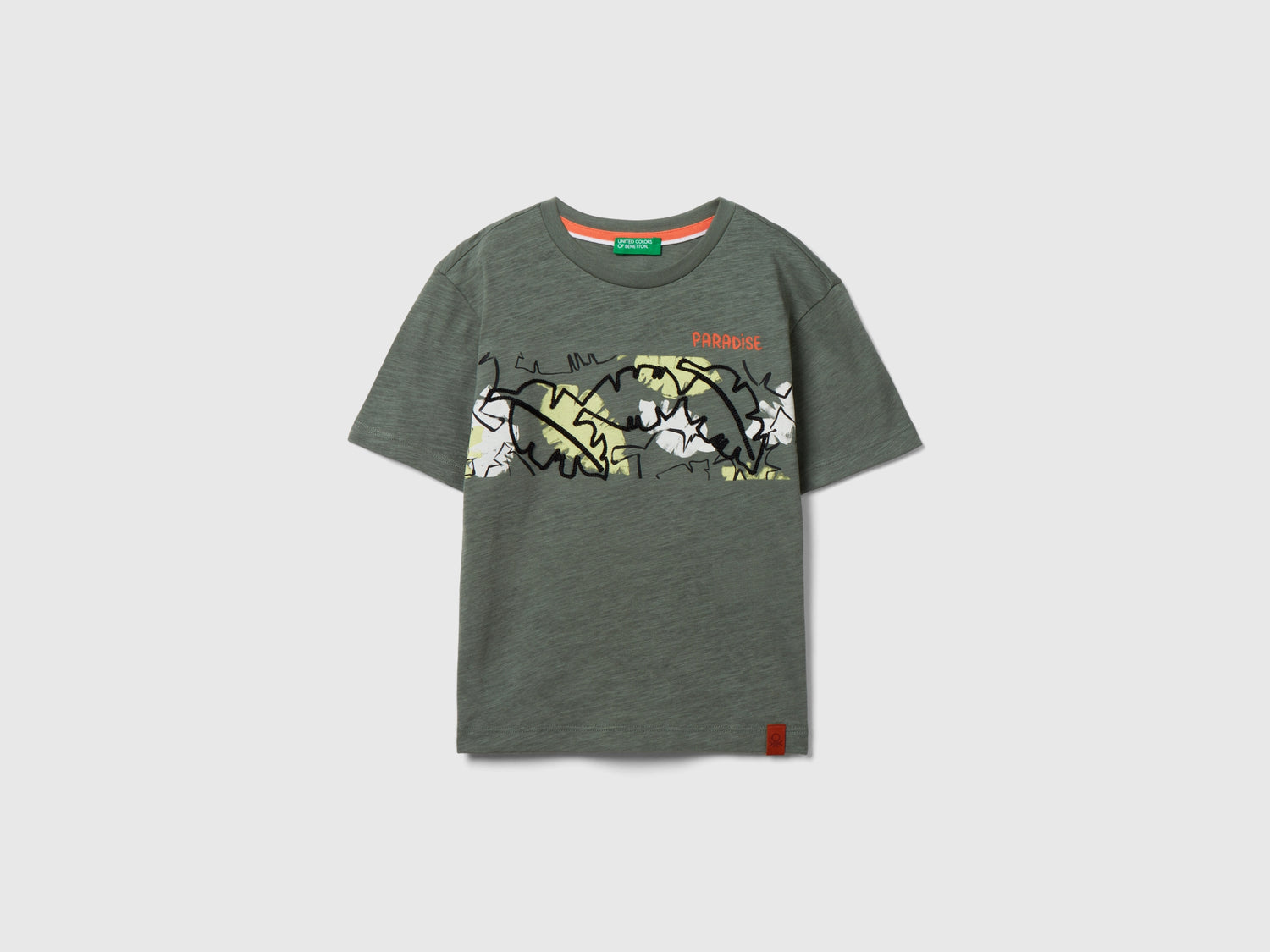 T-shirt con stampa esotica da bimbo verde militare | Benetton Outlet