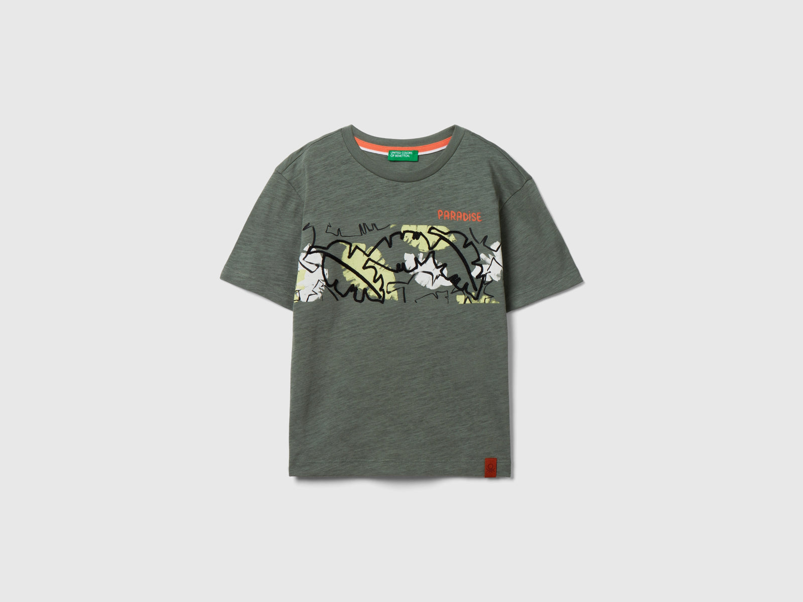T-shirt con stampa esotica da bimbo verde militare | Benetton Outlet